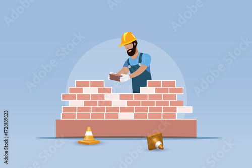 Bricklayer laying red bricks for building wall.  Construction, home building industry
 concept. Vector.