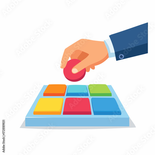 Hand Placing Red Circle on Color-Coded Puzzle Board in White Background