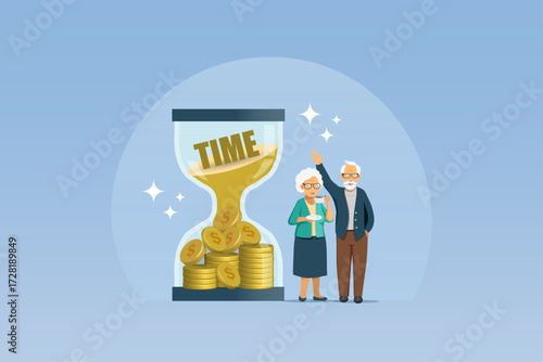 Senior couple with time in hourglass turning into gold coins. Money deposit with time management strategy, financial success profit from return on investment. Vector.