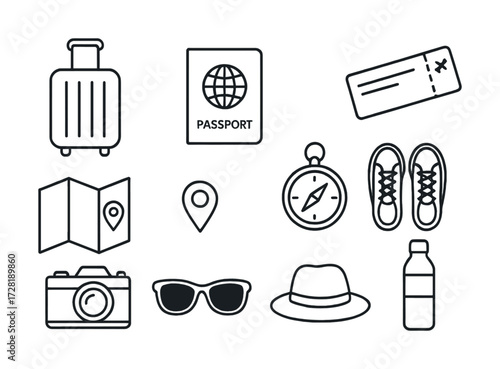 Travel essentials: passport, luggage, map, compass, shoes, camera, sunglasses, hat, water