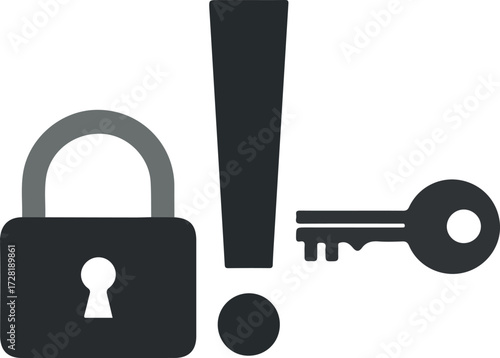 Security concept with padlock key and exclamation mark for protection.