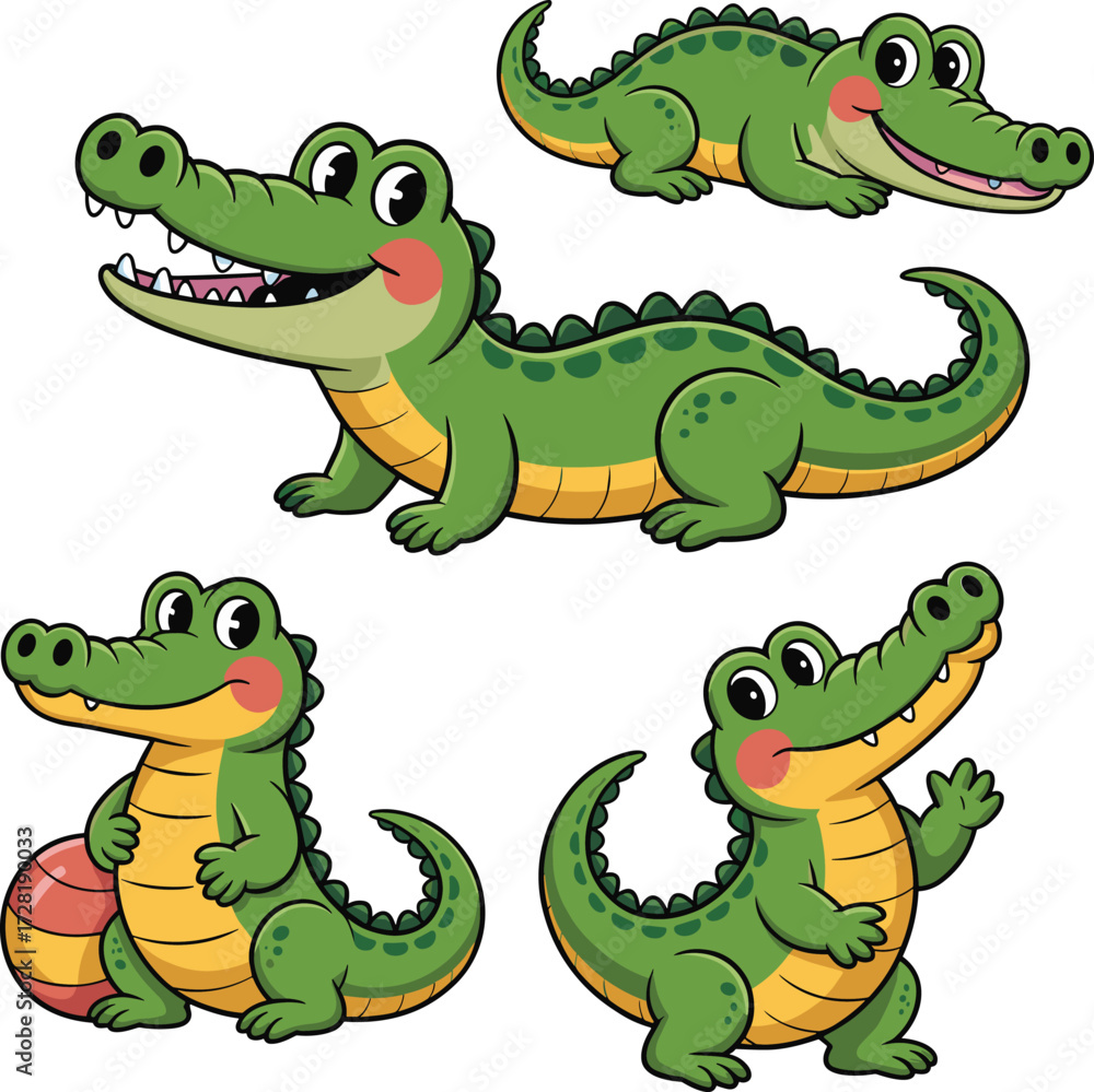 Obraz premium Cartoon crocodiles, green reptiles, playful poses, smiling faces, vector art, kids illustration, animal characters, fun expressions, jungle theme, educational design