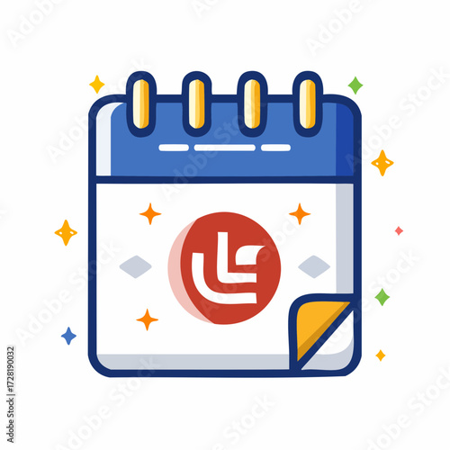 Cartoon Calendar with Red Circular Logo and Decorative Stars on White Background