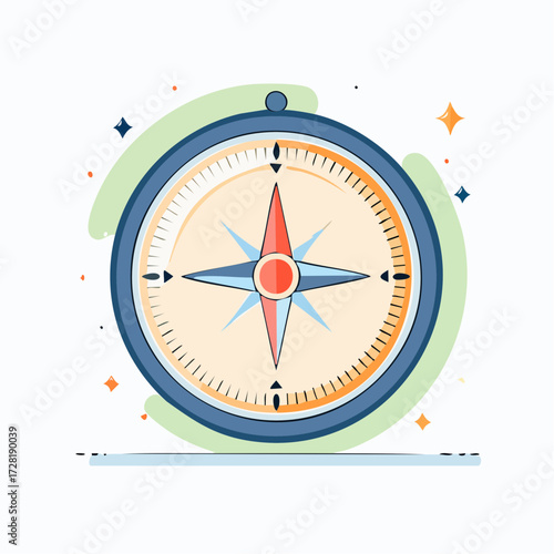 Illustration of a Compass in Flat Design Style with Detailed Dial and Blue Frame