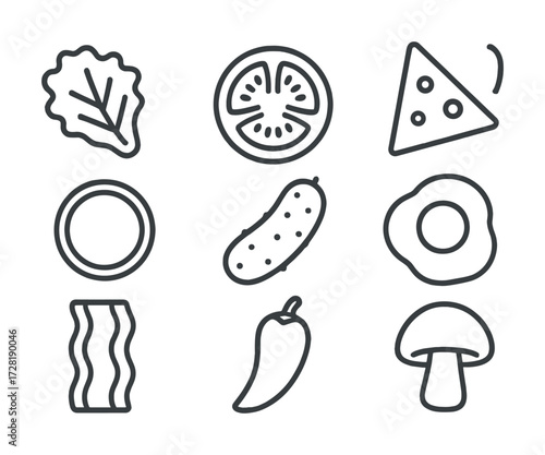Outline icons of pizza ingredients including tomato, cheese, cucumber, egg, and more