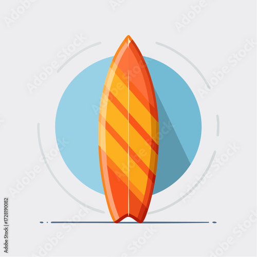 Orange And Yellow Surfboard With Shadow Against Light Blue Circle On White Background