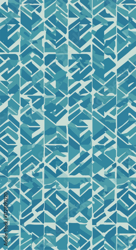 Geometric pattern of blue and white shapes creates a textured design.