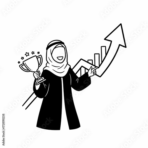 Illustration of an Arab woman holding a trophy and pointing at a rising graph, symbolizing success and achievement.
