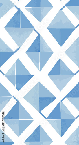 Geometric pattern of blue and white triangles creating a modern design.