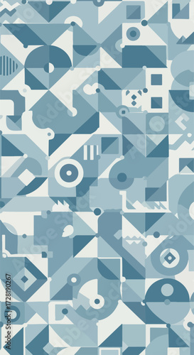 Geometric pattern of blue shapes and forms creating a complex design.