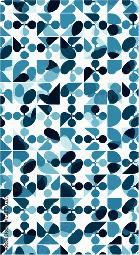 Geometric pattern of blue shapes creates a visually appealing design.