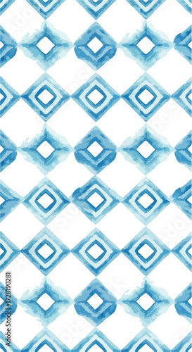 Geometric pattern of blue diamonds on white background repeating design.
