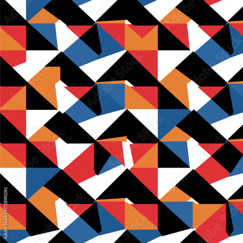 Geometric pattern of colorful triangles creates a vibrant abstract design.