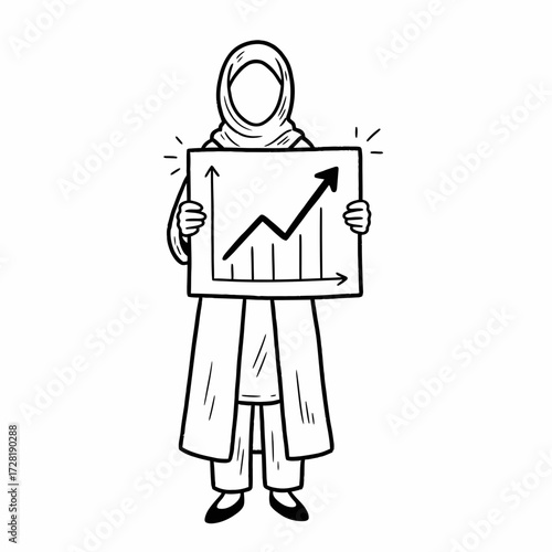 Woman in hijab holding a sign with an upward trending graph, symbolizing growth and success.
