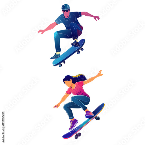 Minimalist vector art of a skateboarder performing a trick mid-air with dynamic motion lines. Modern, flat design perfect for youth culture, extreme sports, and lifestyle graphics