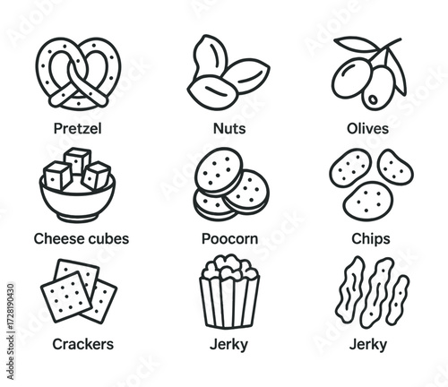 Simple line art of snacks including pretzel, nuts, olives, cheese, popcorn, chips, crackers, jerky