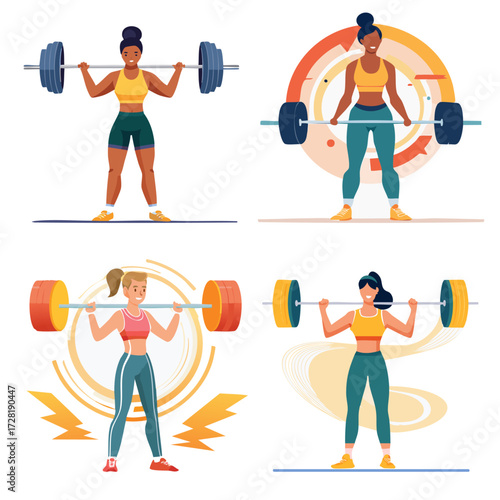 Minimalist vector illustration of a weightlifter lifting a heavy barbell with energy lines. Flat modern design, ideal for fitness, gym, strength training, and sports-related projects.