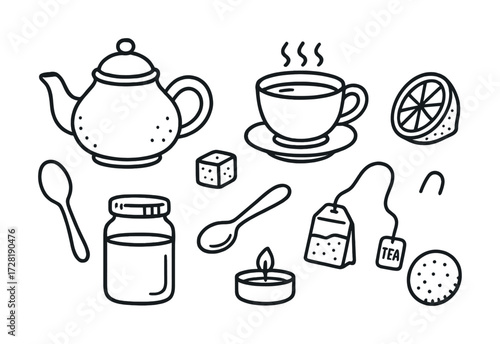 Hand-drawn tea set with teapot, cup, and accessories