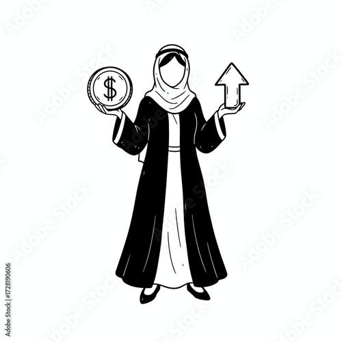 Illustration of a woman in traditional Arab clothing holding a coin and an upward arrow.