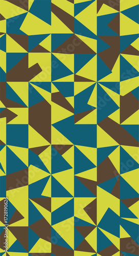 Geometric pattern of triangles in shades of yellow brown and teal.