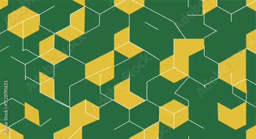 Geometric pattern of yellow and green shapes with lines.