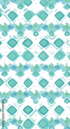 Geometric pattern of teal and blue diamonds on white background.