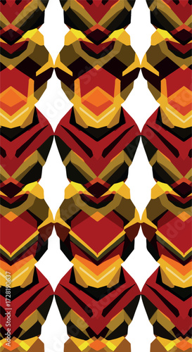 Geometric pattern of repeating shapes with vibrant colors and symmetrical design.