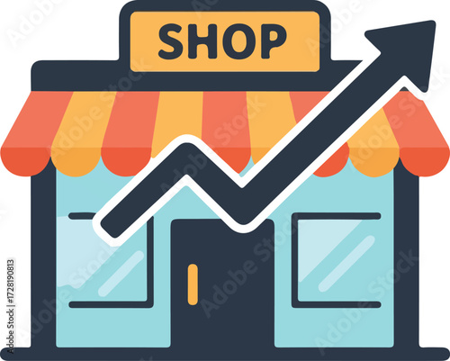 Shopfront with upward trend arrow symbolizing business growth and success.