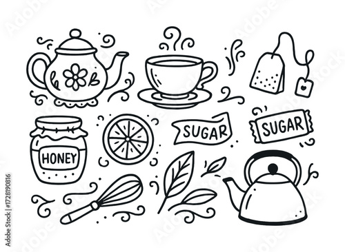 Hand-drawn tea set elements with teapot, cup, honey jar, and sugar packets in black and white