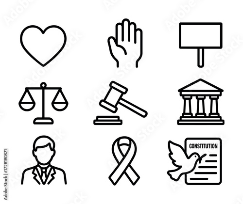 Icons of justice, advocacy, and peace: heart, hand, scales, gavel, court, ribbon, constitution, dove