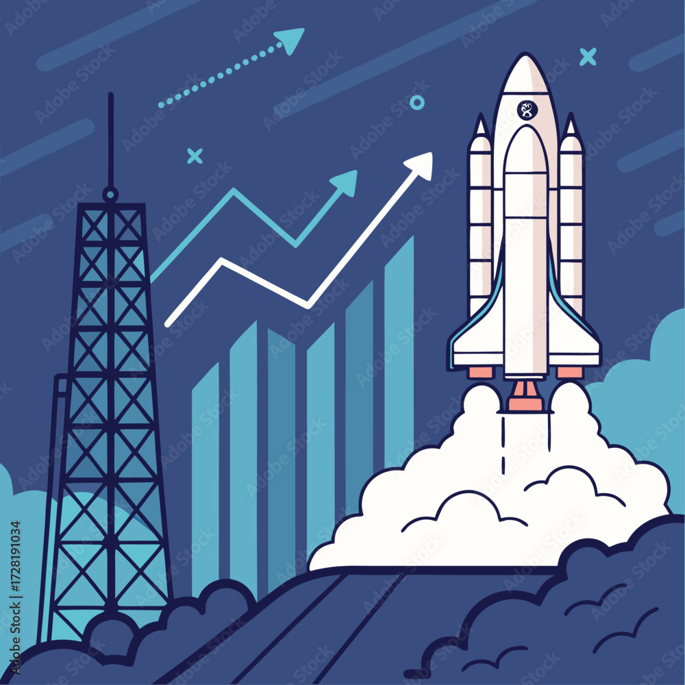 Obraz premium Space shuttle launching with rocket in space vector illustration