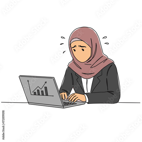 A worried businesswoman wearing a hijab looks at a laptop displaying financial data.
