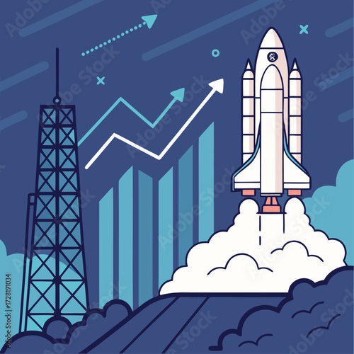 Space shuttle launching with rocket in space vector illustration