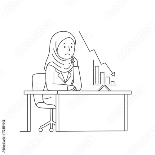 A worried businesswoman in a hijab contemplates declining financial performance shown on a graph.