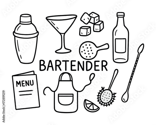 Bartender tools and ingredients: shaker, glass, ice, bottle, menu, apron, strainer, spoon