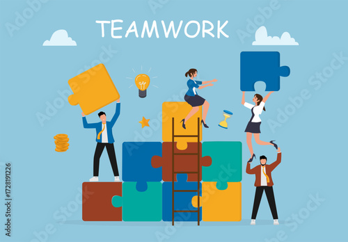 Business Teamwork Collaboration Concept with People Building Puzzle Together for Success