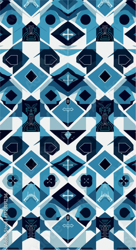 Geometric pattern with chess pieces and card suits in shades of blue.