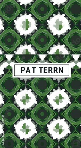 Geometric pattern with green and white floral elements repeating across the surface.