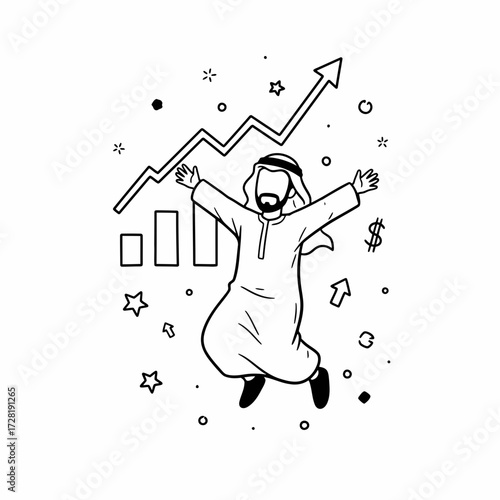 Man in traditional attire jumping with joy amidst rising financial graphs and symbols.