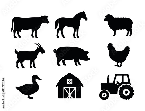 Farm animal and equipment silhouettes: cow, horse, sheep, goat, pig, chicken, duck, barn, tractor