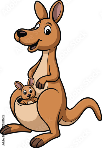 Cartoon kangaroo with joey in pouch, smiling marsupial character, cute animal illustration, wildlife theme, children’s drawing, nature concept, digital artwork