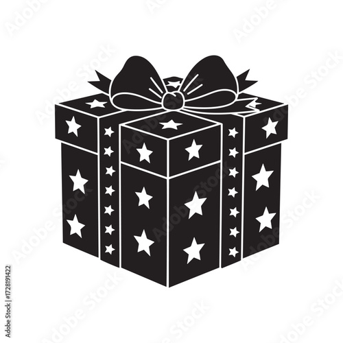 Black silhouette of a gift box with stars and a bow on white background Keywords: Gift box, present, Christmas gift, holiday gift, Christmas Day