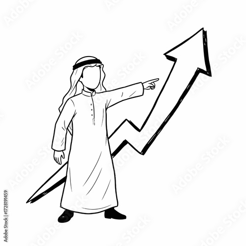 An Arab man in traditional attire pointing towards a rising arrow, symbolizing growth and progress.