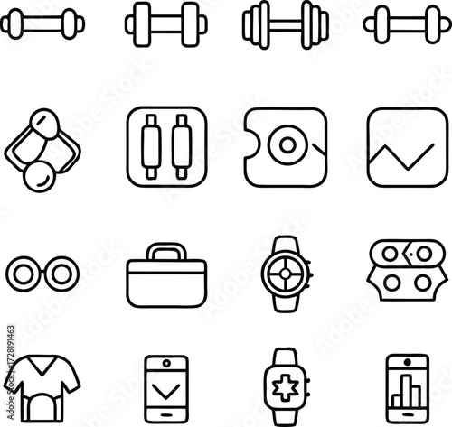Fitness and health icons including dumbbells and smartwatches