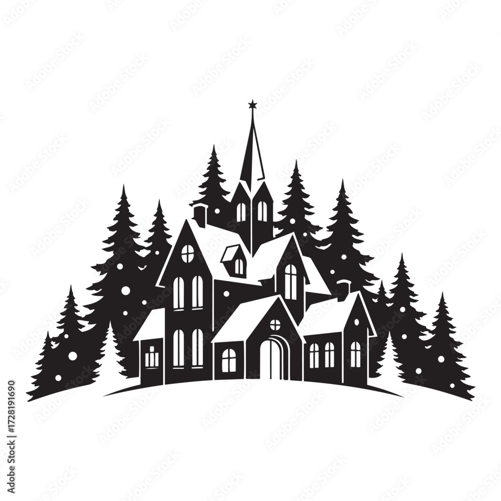 Naklejka premium Black Silhouette of a Winter Village with Christmas Trees and Snowflakes Keywords: winter village, Christmas, house, building, church, Christmas Day