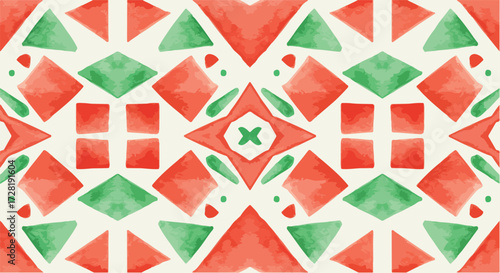 Geometric pattern with red and green shapes on a white background.