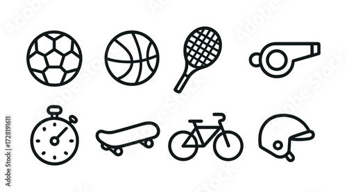 Set of sports equipment icons including ball, whistle, stopwatch, skateboard, and bicycle