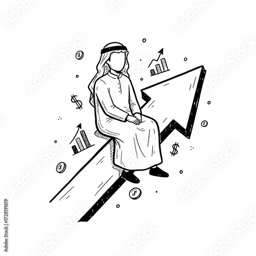 A faceless Arab man sits atop a rising arrow, surrounded by financial charts and coins, symbolizing economic growth.