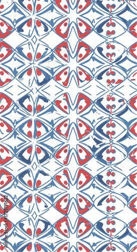 Geometric pattern with red and blue shapes creating a visual rhythm.