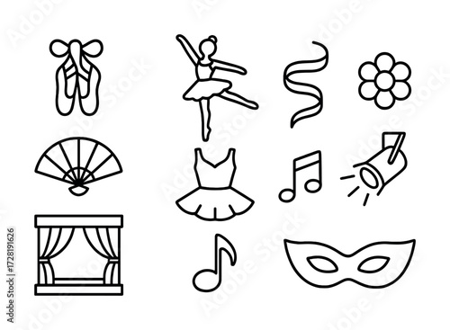 Ballet icons: dance, shoes, stage, music, costume, mask, spotlight, fan